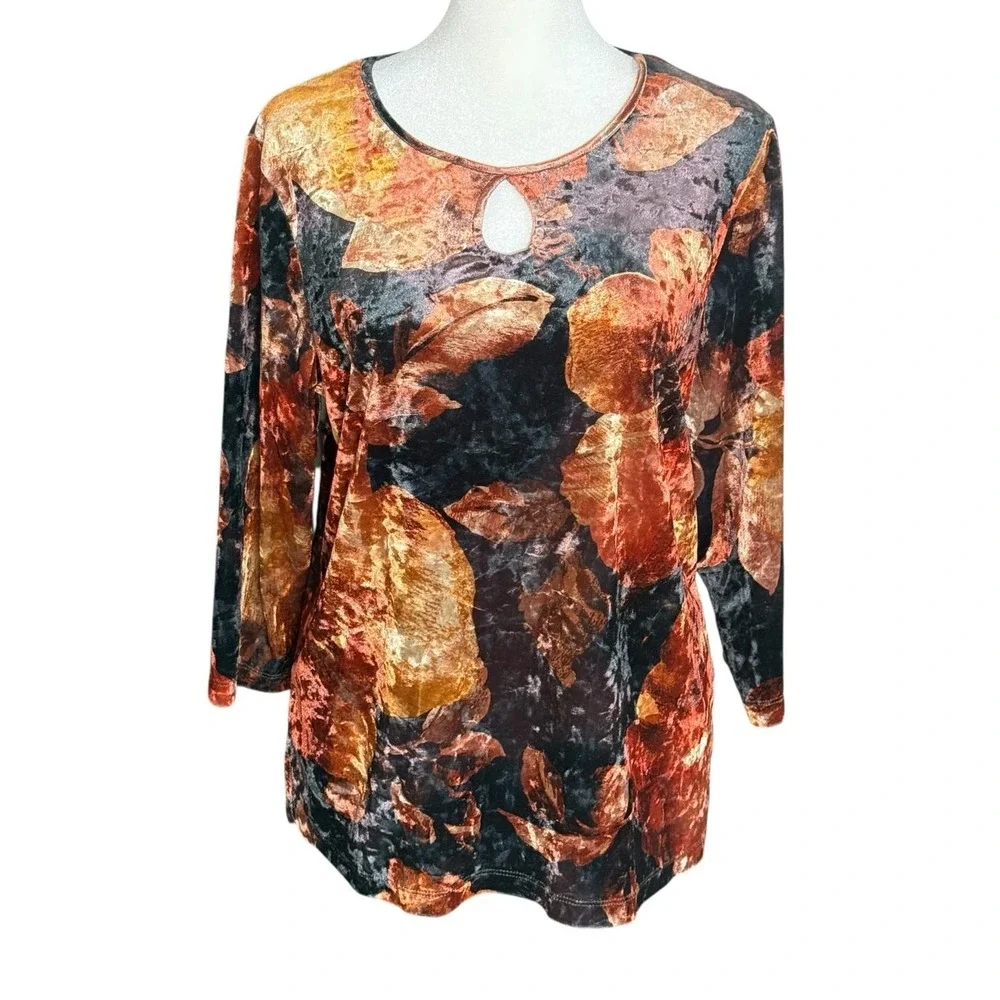 Velvet Velour Top Womens M Autumn‎ Leaves Keyhole Stretch Dressy Blouse